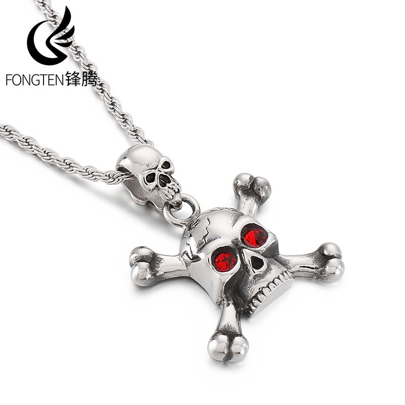 Men Accessories Singapore - Fongten-男性用のステンレス鋼の赤い目の頭蓋骨のネックレス,ダーク吸血鬼,コミックアクセサリー,ファッションジュエリー,パーティーギフト