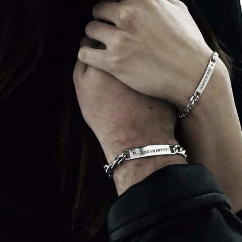 Men Accessories All - プレートidタグバーブレスレットキューバリンクチェーンbrazalets彫刻名ステンレス鋼ブレスレット男性の女性のカップルバングル宝石