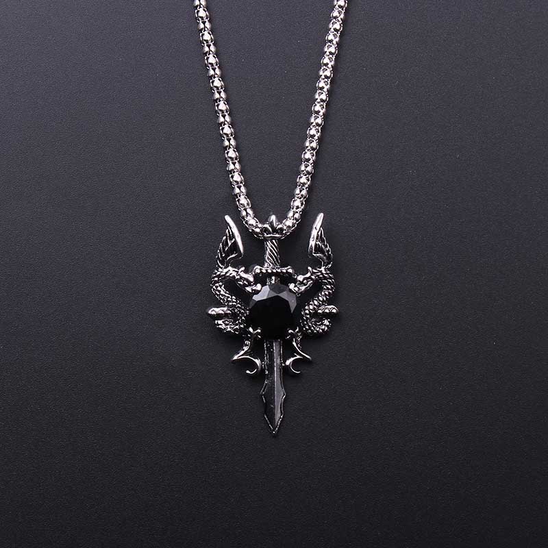 Men Accessories Necklace - ダブルドラゴンブラックジェムクロスネックレスパンクパーソナライズされたペンダントジュエリーアクセサリー女性男性用トレンディなギフト