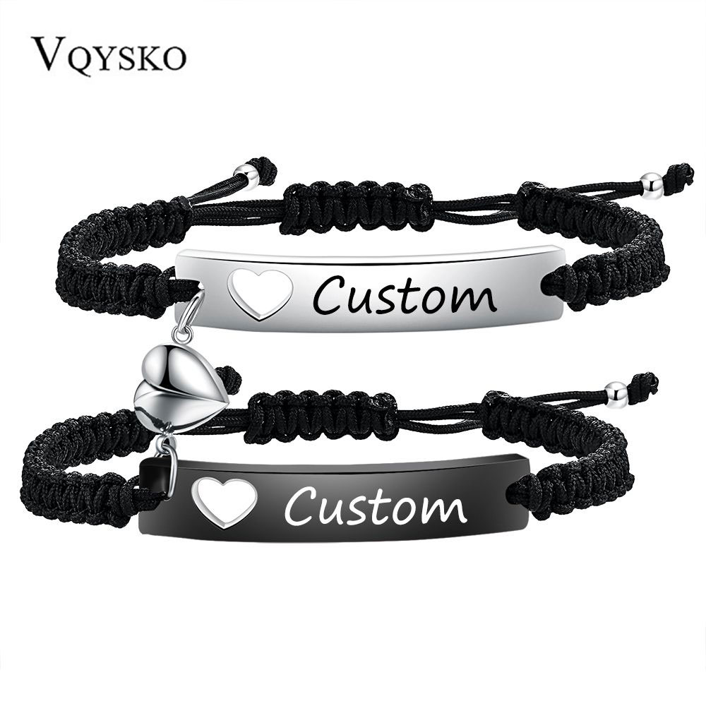 Men Accessories All - カスタムステンレス鋼のカップルブレスレットセット黒織りハート磁気吸引ブレスレット女性男性ジュエリーアクセサリー