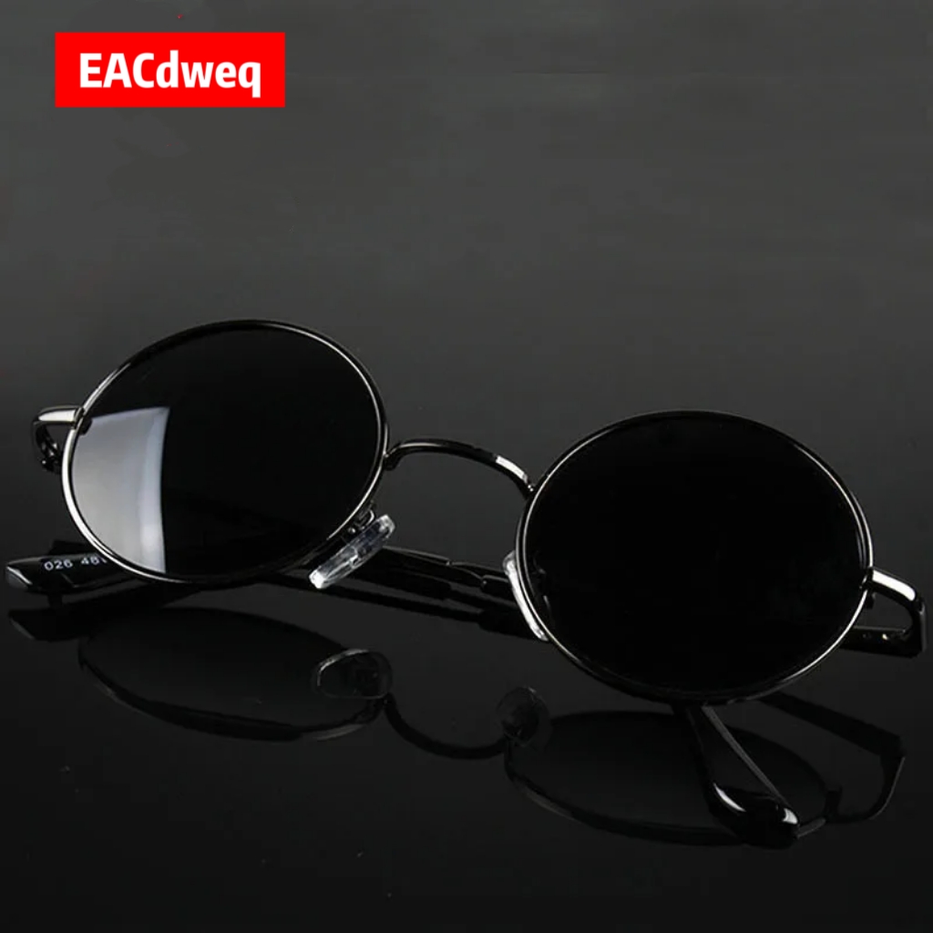 Sunglasses Polarized Men - レトロヴィンテージラウンドサングラス男性ブランドデザイナーサングラス女性合金金属フレーム黒レンズ眼鏡運転 UV400