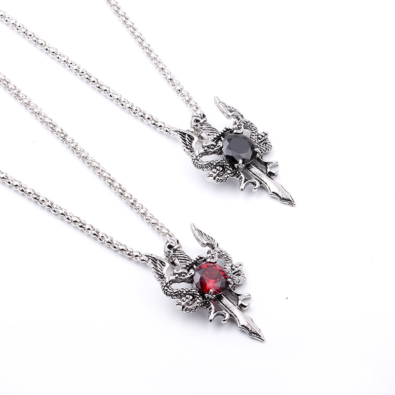 ダブルドラゴンブラックジェムクロスネックレスパンクパーソナラ - Men Accessories Necklace のレビューと価格