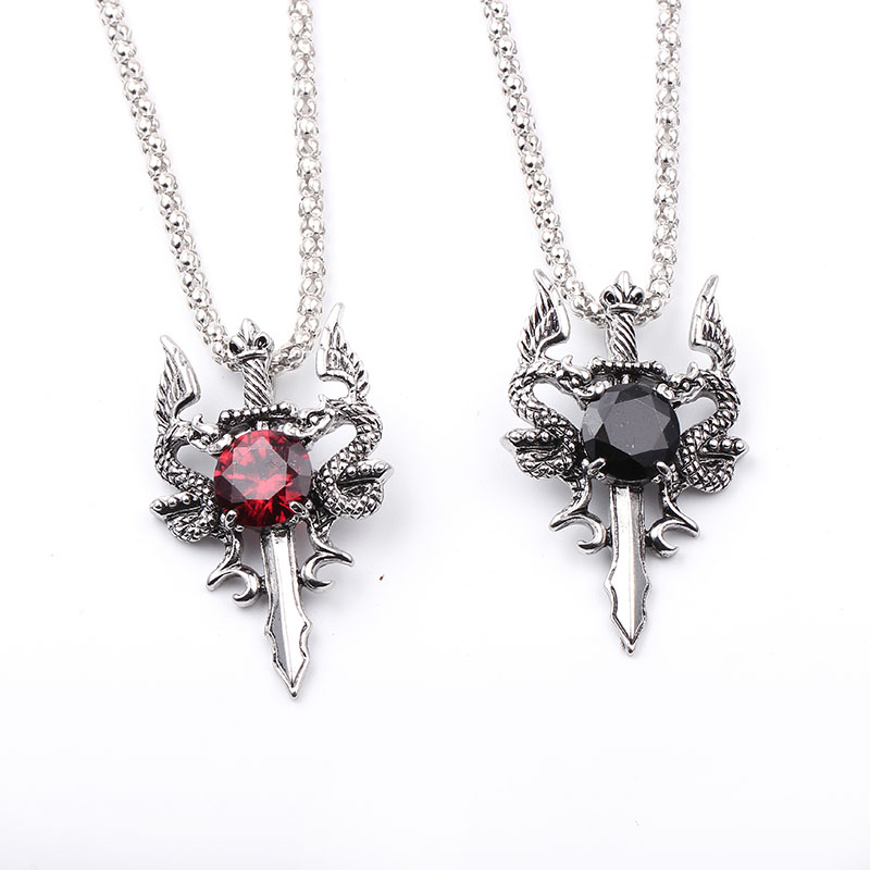 ダブルドラゴンブラックジェムクロスネックレスパンクパーソナラ - Men Accessories Necklace のレビューと価格